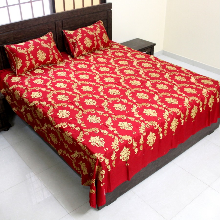 Cotton Sateen 3pcs Red Embroidered Bridal Bedset BB-002